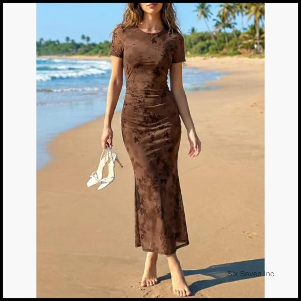 Floral Mesh Bodycon Maxi Dress for Cocktail Party Wedding Guest - Picture 2 of 7